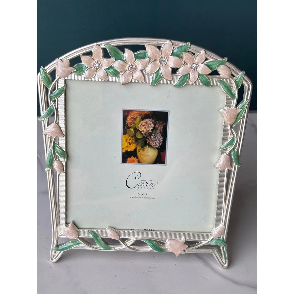 Carr Frames Burnes of Boston 5x5 Floral Enamel Rhinestone Silver Tone Frame 2001